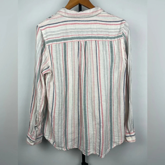 Beachlunchlounge White Multicolor Linen Blend Button Up Striped Long Sleeve Top - Picture 6 of 6